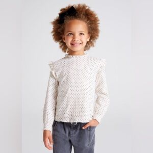 Size 5 Girls Mayoral Cream and Black Dotted Long Sleeve Top